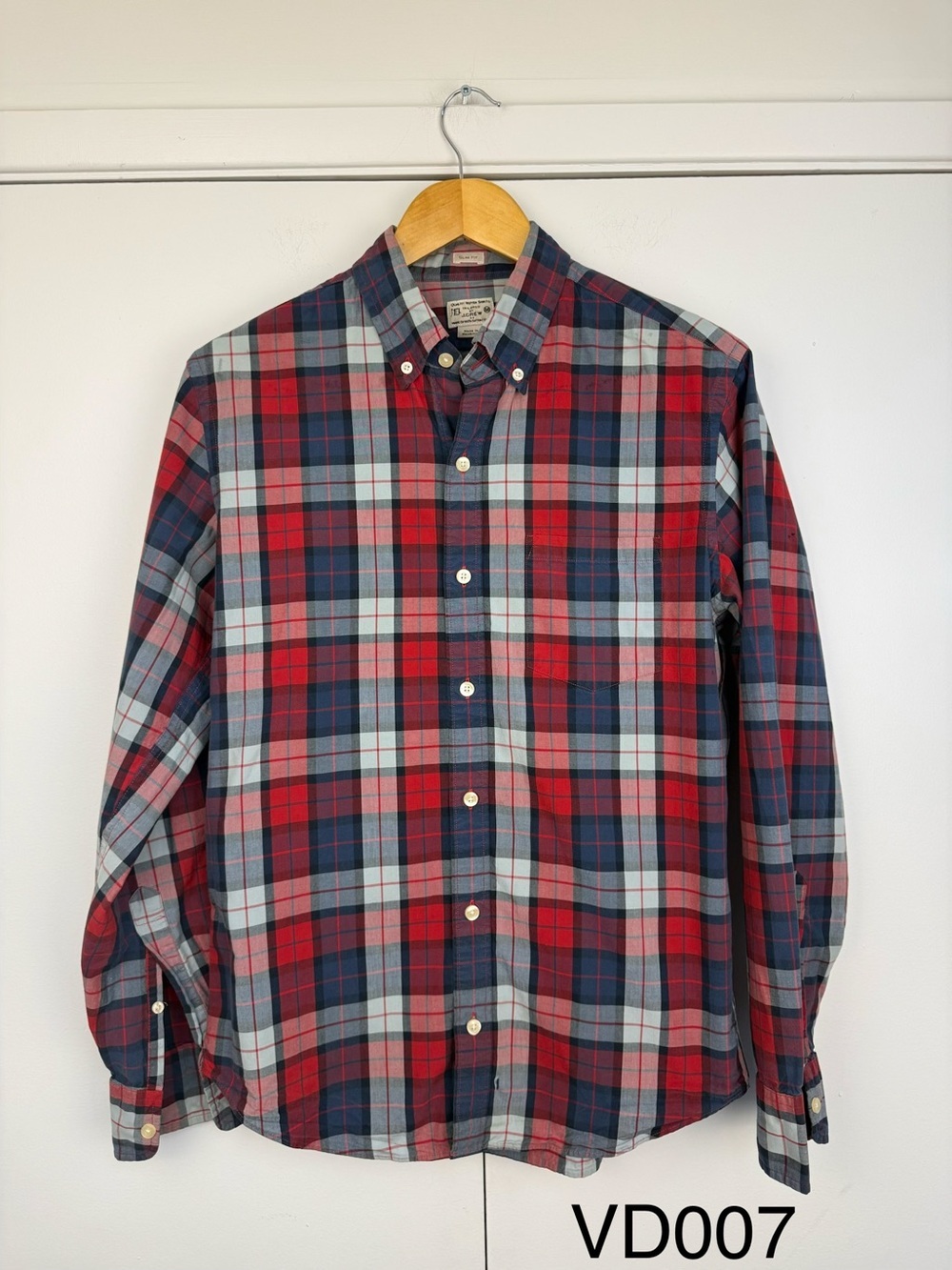 J.Crew Men's M Slim Fit Red Navy Plaid Cotton Button Down Shirt